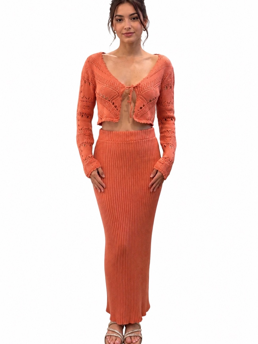 Free People Coral Ribbed Knit Maxi Skirt and top